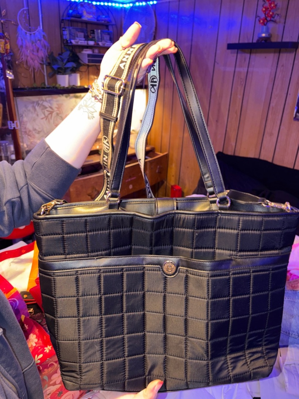 Anne Klein Black Quilted Tote with Branded Strap